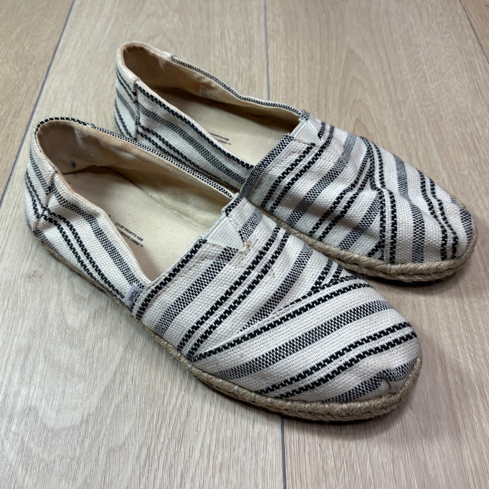 TOMS Womens Alpargata Espadrille Slip On Shoes Black Cream Striped Size 7.5
